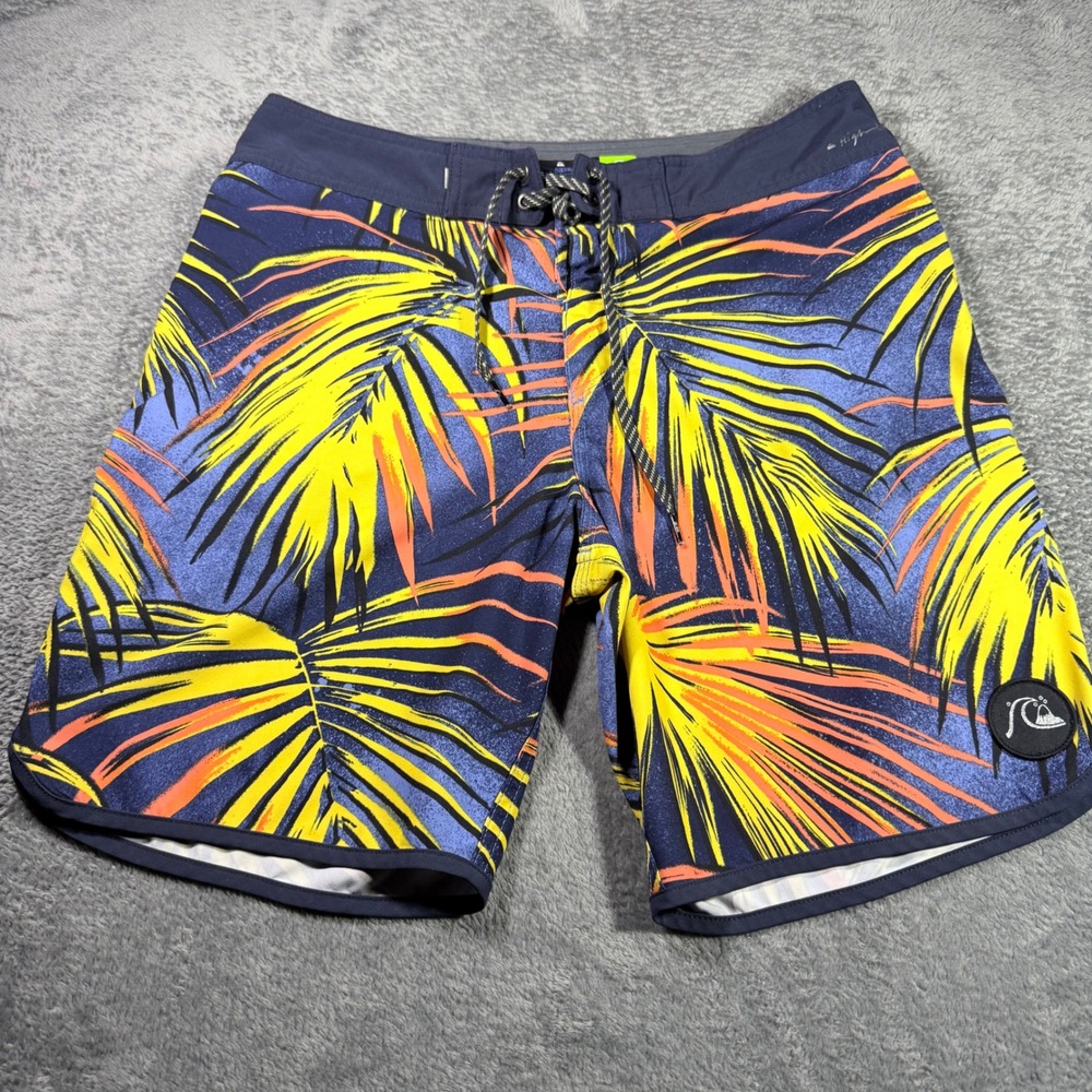 Quiksilver Highline Board Shorts Mens 32 Tropical Palm 4-Way Stretch Blue Yellow